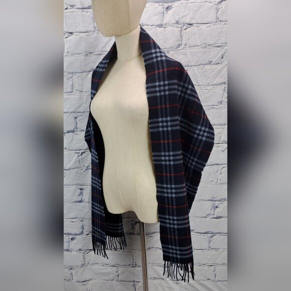 Burberry Vintage Scarf Nova Check Lambswool England Navy 90s Y2K 70" x 12.5" - Picture 9 of 13